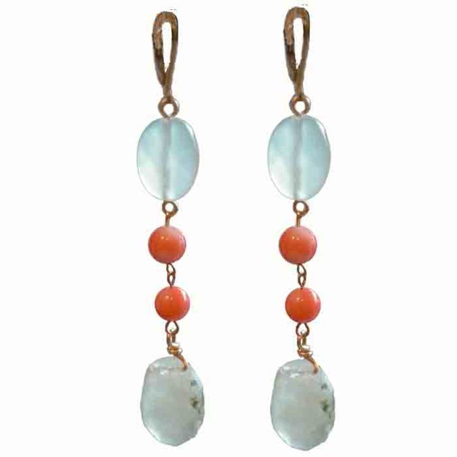 716 - BO Pendantes Laiton doré or fin, coral bamboo et goutte aventurine - € 44,00