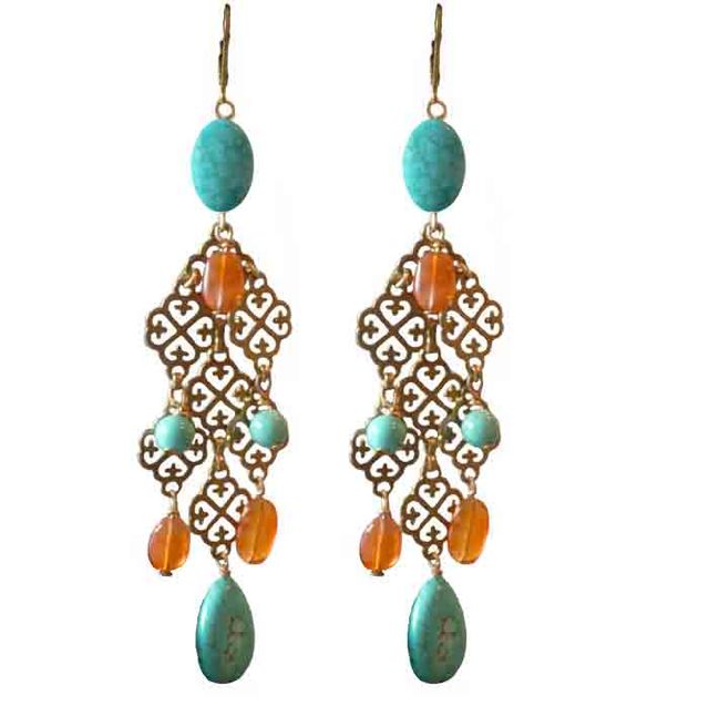 688 - BO Arabesque Visconti Laiton doré, Turquoise reconstituée et Calcédoine - € 44,00