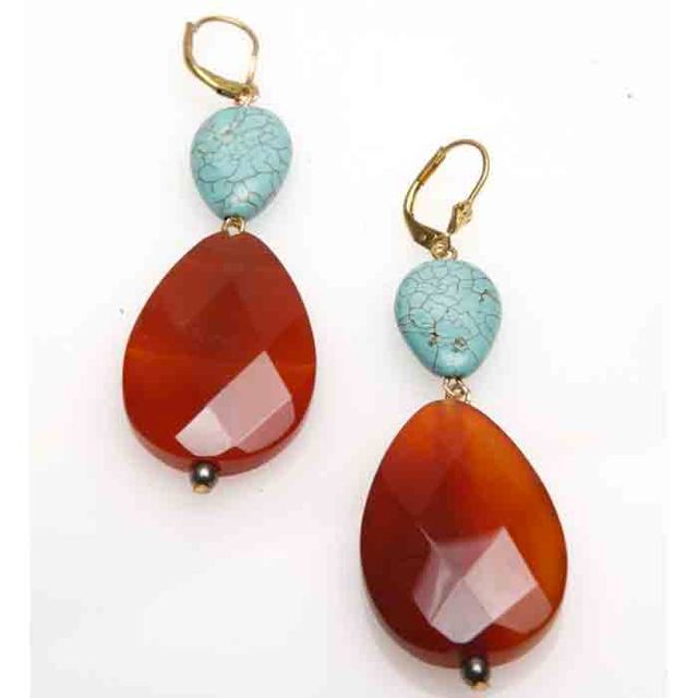 690 - BO Laiton doré or fin Gouttes de Calcédoine et de Turquoise -€ 44,00